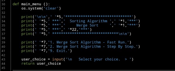 python code project main menu by Ali Radwani merge sort Algorithm